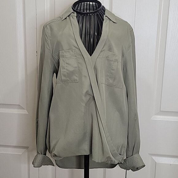 ANTHROPOLOGIE Olive Green Wrap Blouse Size 2 - Picture 1 of 7